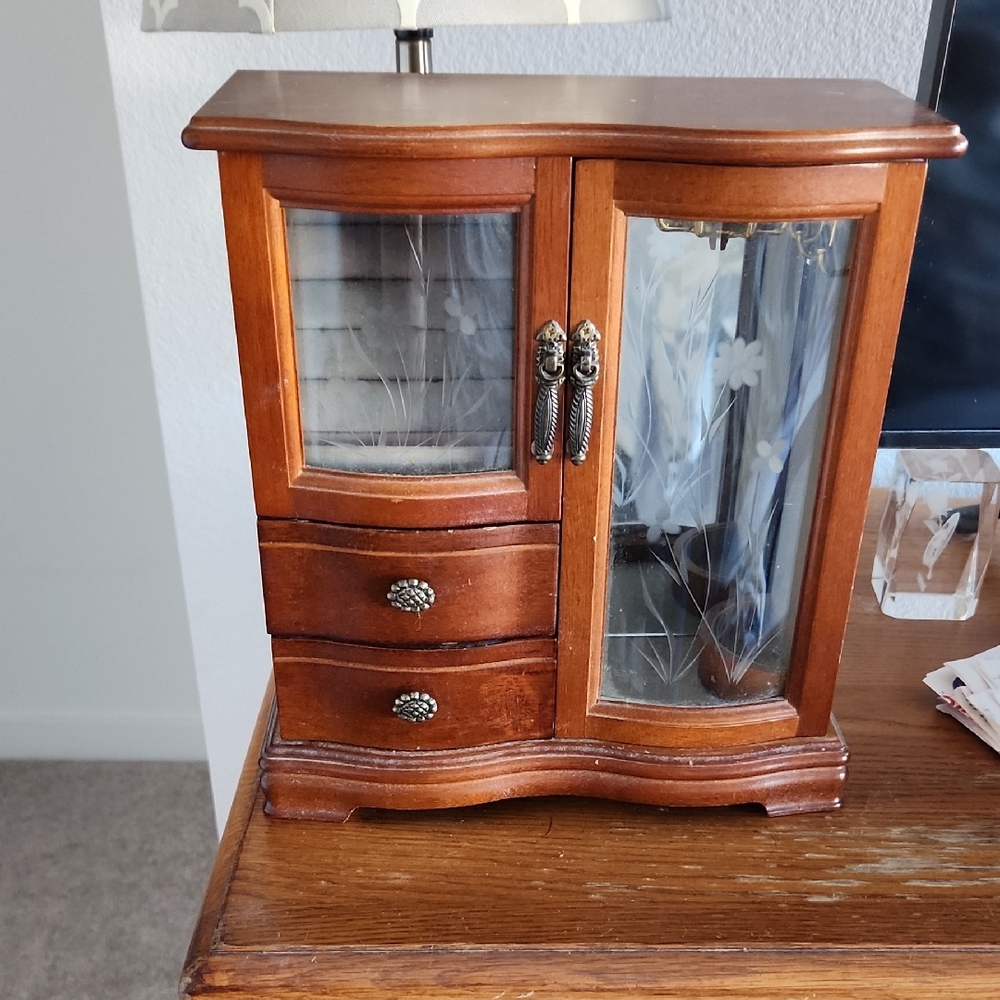Wooden Jewelry Box with Glass Doors